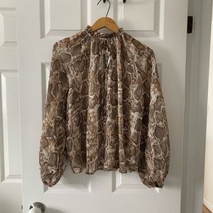 NWT Mango Brown Snake Skin Bishop Sleeve Blouse